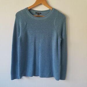 Eileen Fisher 100% Merino Wool Rib Knit Blue Crew Neck Long Sleeve Sweater XXS